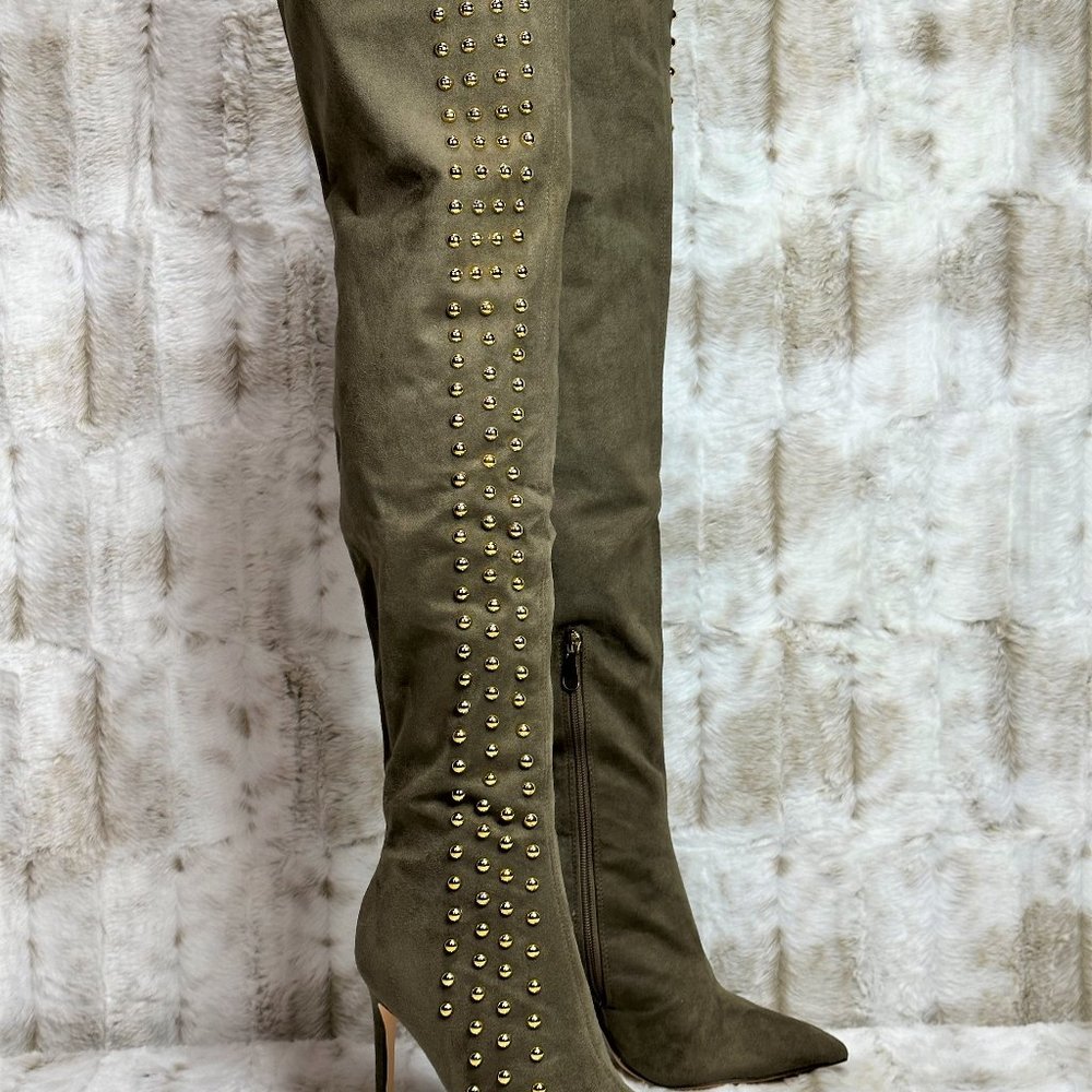 *So Me Olive Army Green Gold Stud Thigh High Heel Boots